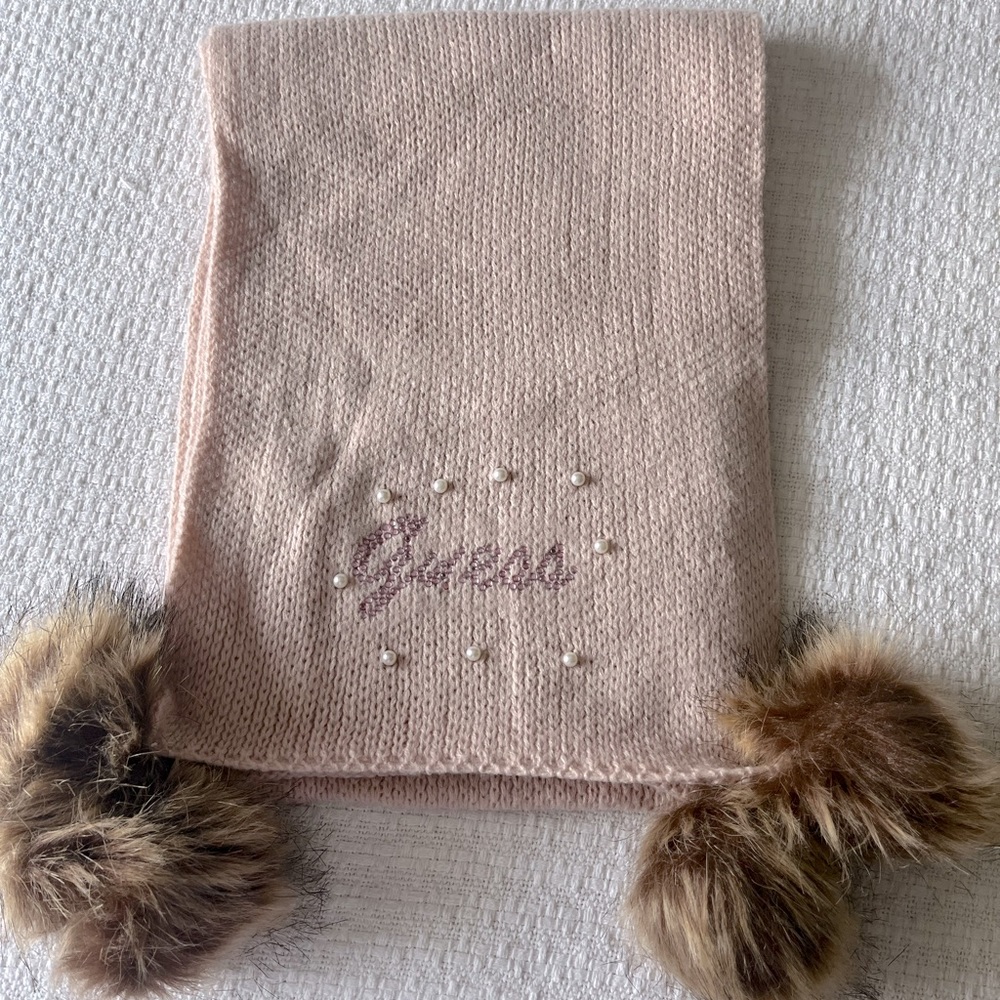 Blush Pink Knit Scarf with Pearls Rhinestones Faux Fur Balls Pom Pom